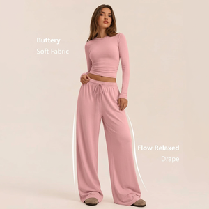 Ensemble Lounge Tricoté Rose pour Femme – Haut Court à Manches Longues et Pantalon Large – Confortable et Décontracté – Couleur Unie – Coupe Ample - Product Image 2