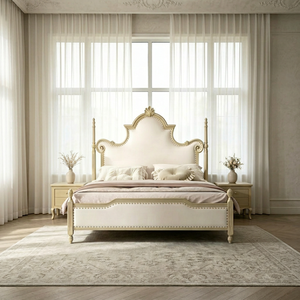 Premium <b>Queen</b> <b>Size</b> Light Wood Spindle <b>Bed</b> With Cream Upholstered Nailhead Ornate Carved Headboard For Bedroom - Product Image 1