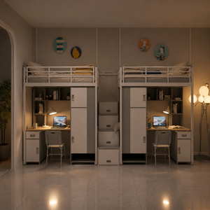 Lits superposés modernes en métal double acier avec bureau intégré pour appartement, dortoir, école, chambre - Product Image 2