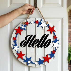 Insegna Rotonda in Legno per Porta del 4 Luglio, Ghirlanda con Stelle 3D, Decorazione Patriottica Rustica per Porta d'Ingresso, Vendita all'Ingrosso per il Giorno dell'Indipendenza - Product Image 4