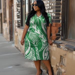 Artículos al por Mayor Baratos, Vestidos Casuales de Manga Corta con Cuello en V y Estampado Tribal Polinesio Personalizado, Tallas Grandes para Mujeres Corpulentas - Product Image 4