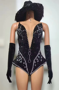 Conjunto de Body Sexy con Pedrería, Sombrero y Guantes para Festival, Traje de Espectáculo para Mujer, <span class=keywords><strong>Disfraz</strong></span> de Cantante, Bailarina, Carnaval, <span class=keywords><strong>Fiesta</strong></span> - Product Image 6