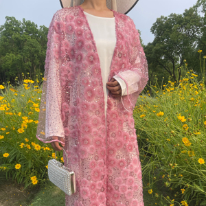 2025 Neue wunderschöne Perlen muslimische Strickjacke Rose Red bestickte Blumen Abaya MSL893 - Product Image 1
