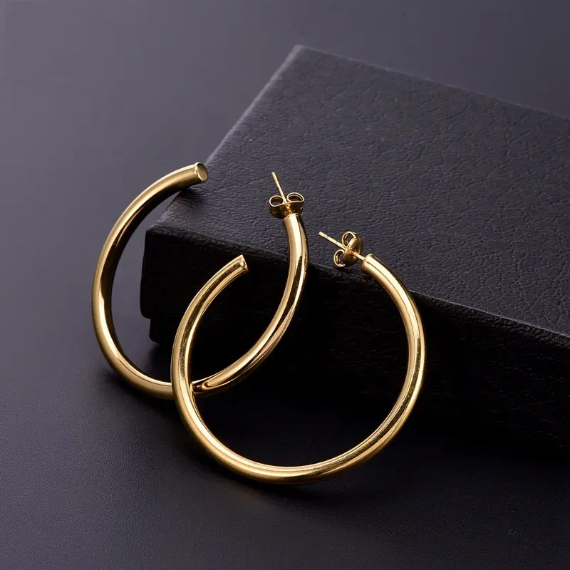 Chunky Gold Hoop anting UNTUK WANITA 14K berlapis emas tebal terbuka Huggie Hoop perhiasan anting untuk hadiah