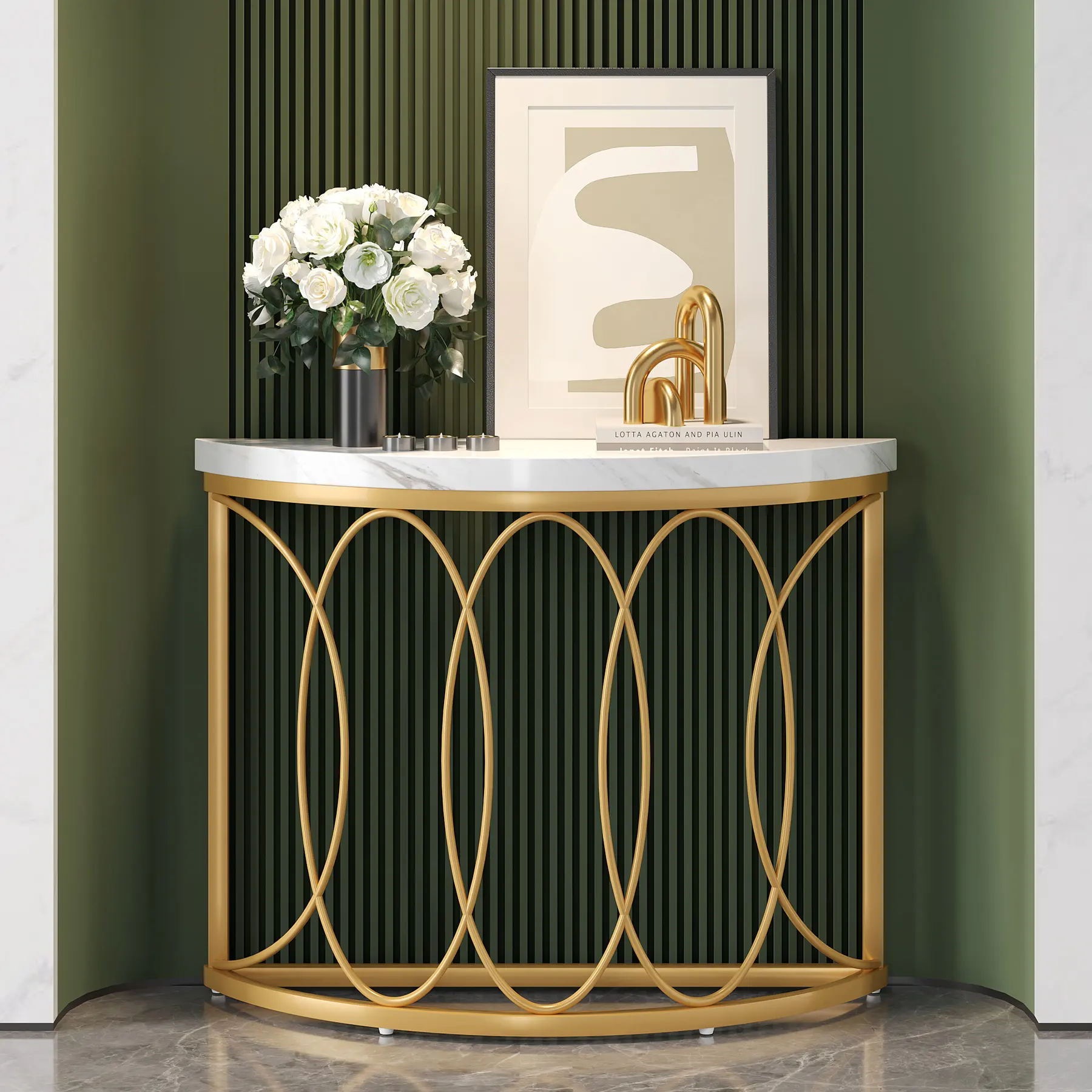 Table console moderne en bois avec dessus en faux marbre pour le salon de style européen et américain avec cadre en or pour le couloir et l'entrée