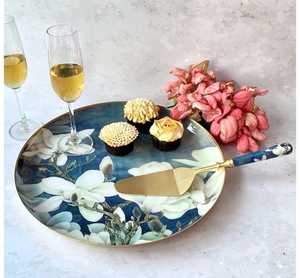 Achetez un plateau de service rond à fleurs avec une spatule à gâteau, une assiette décorative pour servir les desserts, pour la maison et la cuisine - Product Image 6