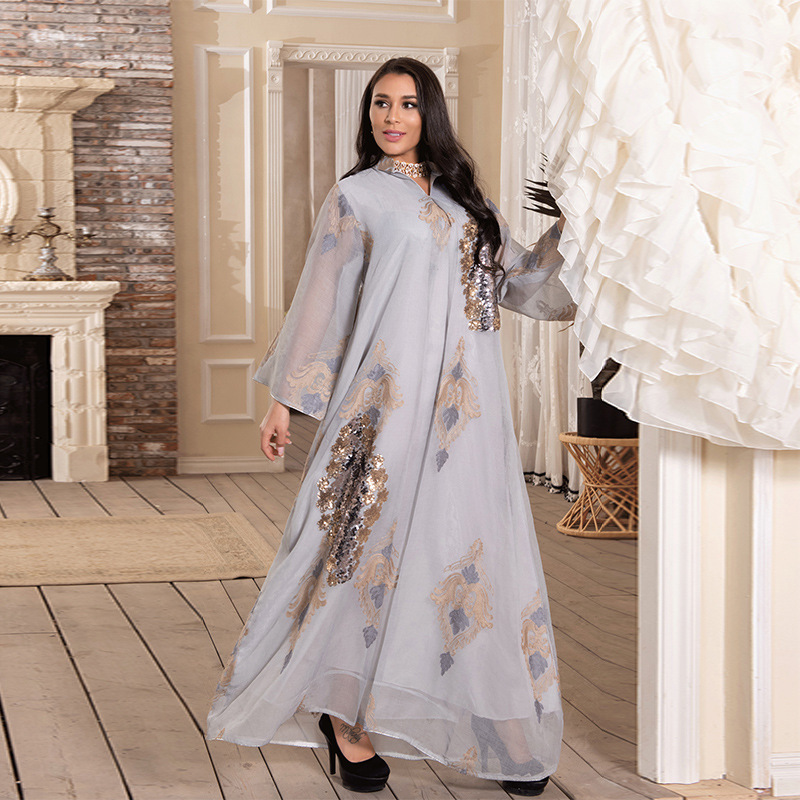 Women's Muslim Evening Dress Beaded Embroidered Mesh Women's Continued Long Sleeve Dress