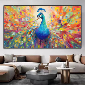 Peint à la main moderne haut sens de sept couleurs huile paon suspendu photo TV fond mur Art décor à la maison peinture - Product Image 4