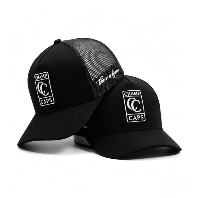 Custom logo Embroidery Solid Color Black 5 Panel Mesh Baseball Cap Cotton Curved Brim Outdoor Sporty Trucker Hat for Men Women