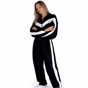 Women's Black <b>White</b> Stripe Sporty Tracksuit Set Full Length Loose Fit Satin Fabric All Seasons Wear Turn-down Collar Windbreaker - Product Image 5