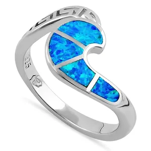 Sterling Sliver 925 Ancient Greek Meander Key Modern Wave Design Blue Opal Ring For Women