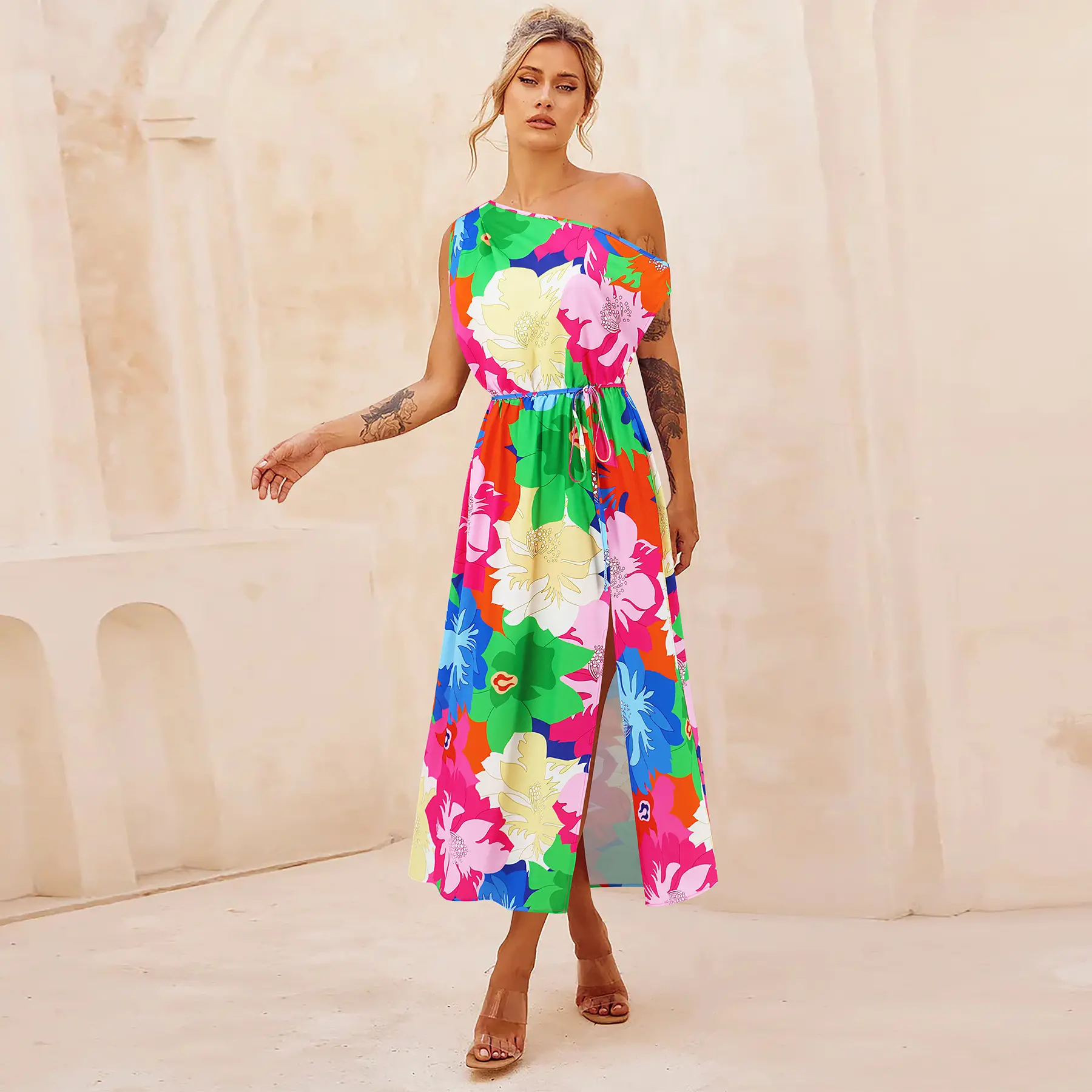 Customized design women clothes apparel sleeveless bright-coloured blooming floral printing slit dresses with drawstring