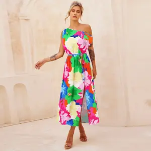 Roupas femininas com estampa floral, vestidos sem mangas com estampa floral de cores brilhantes e com cordão, design personalizado