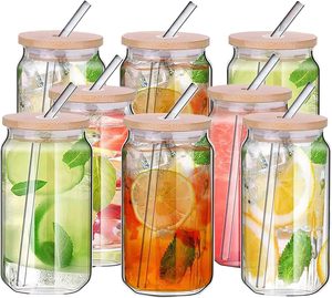 Vasos de Vidrio con Forma de Lata de 16oz y 18oz al por Mayor, Vasos para Cerveza, Vasos para Café Helado, Vasos para Beber con Tapas de Bambú y Pajitas - Product Image 1