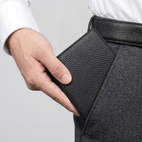 Nouveau Portefeuille Court RFID Classique en Cuir Véritable de Vachette Grain Litchi Noir, Simple et Fin, Couleur Unie 2027