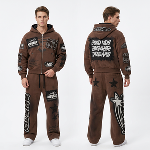 Conjunto de Sudadera con Capucha Marrón para Hombre de Alta Calidad, Estilo Urbano, Estampado FRENCH TERRY, Atuendo Casual de Otoño - Product Image 6