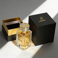 Flacon de parfum en verre vide personnalisé de luxe avec logo, 30 ml, 50 ml, 100 ml, flacon de parfum carré en verre avec bouchon doré et emballage en boîte