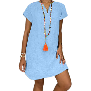 Abiti da donna in <span class=keywords><strong>cotone</strong></span> e lino in tinta unita estivi Casual a maniche corte con scollo a V <span class=keywords><strong>Mini</strong></span> <span class=keywords><strong>abito</strong></span> Vintage da spiaggia femminile taglie forti - Product Image 6