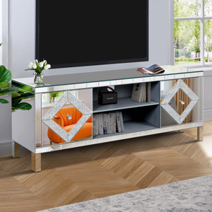 Mirrored TV Stand for 65+ Inch TV Silver Console Table with <b>Open</b> <b>Storage</b> and 2 Cabinets Diamond Shape Sparkling Design - Product Image 3