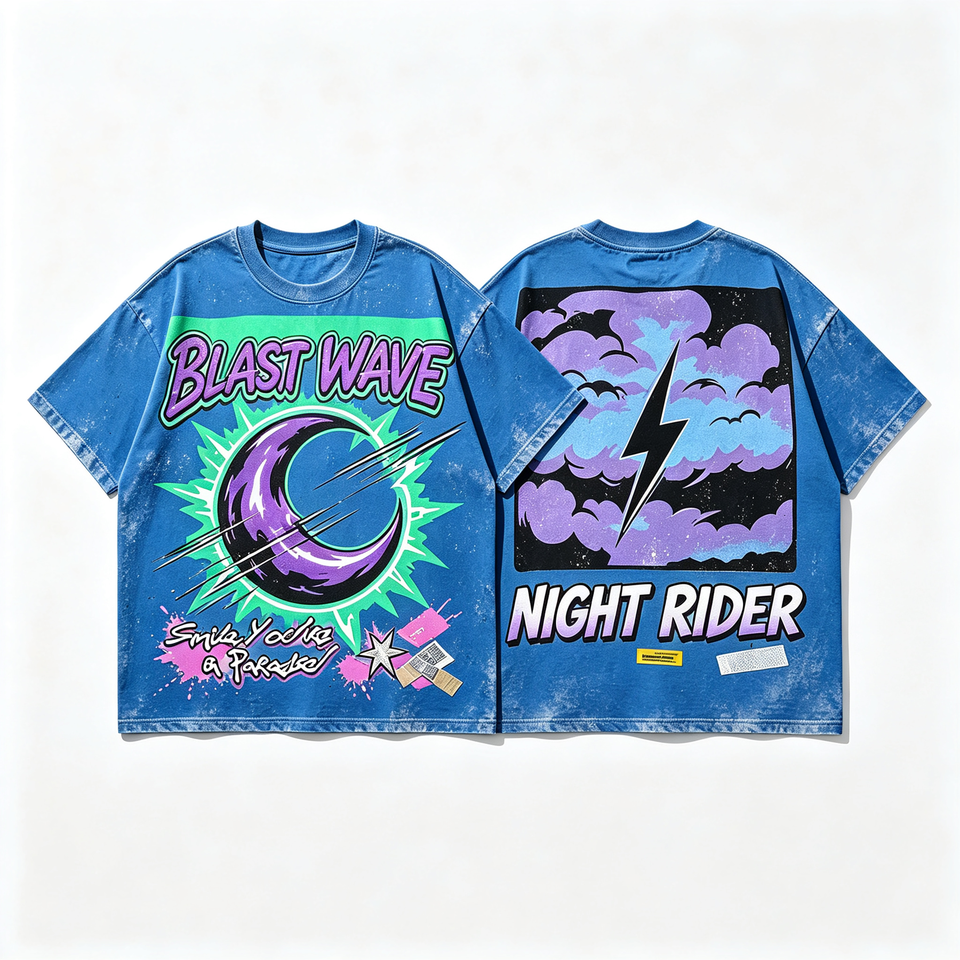 Mens Vintage Washed 100% Cotton Graphic T-Shirt Blast Wave Moon ...