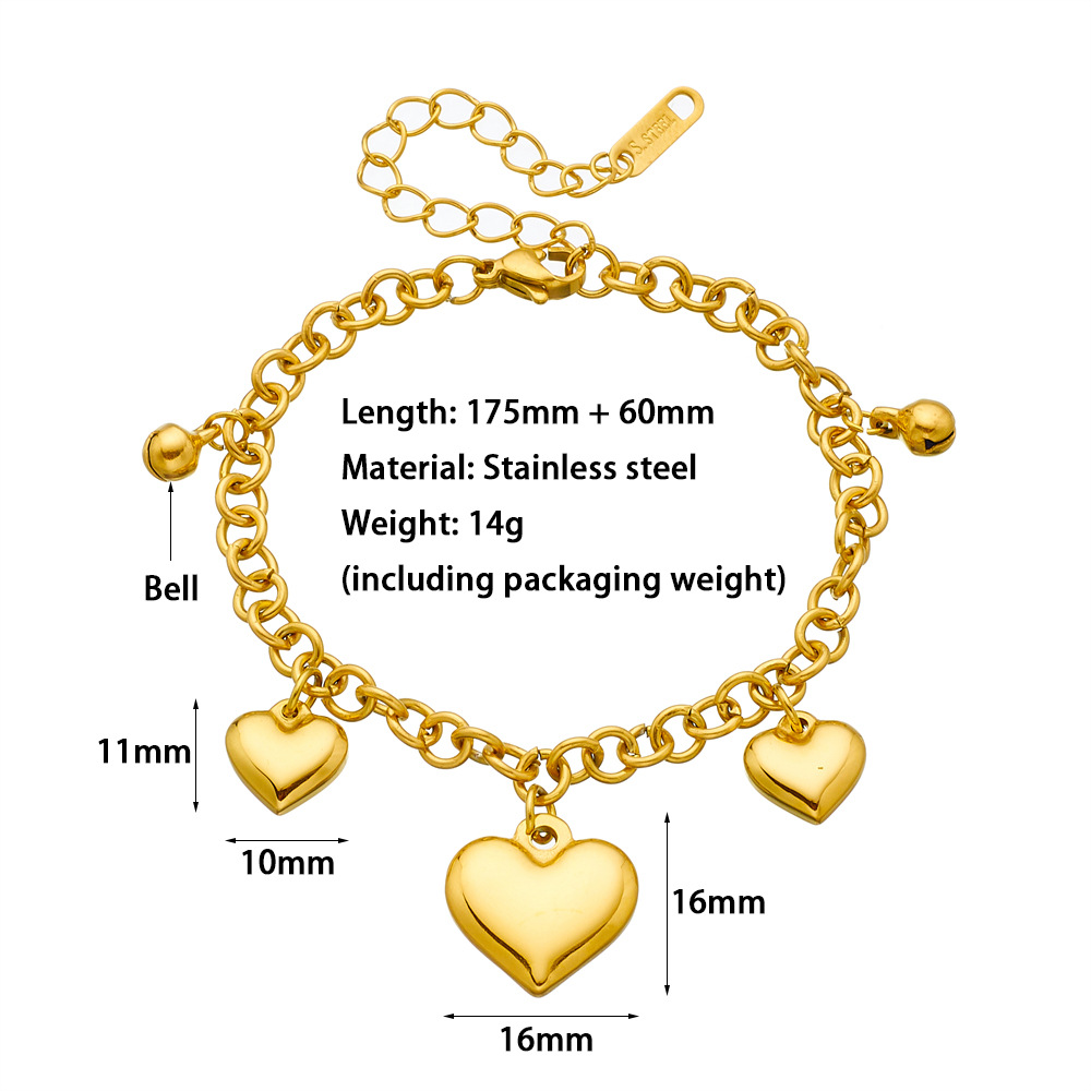 Pulsera de 3 corazones de melocotón y 2 campanitas.