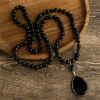Collier tendance pour femme, style bohème occidental, avec pierres naturelles de 8 mm, verre cristal, nœuds et pendentif rond en forme de goutte d'eau