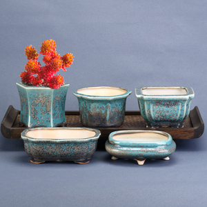 Pot en céramique émaillé turquoise, écologique, en sable violet, petit pot à succulentes avec trou de drainage, pot à bonsaï pour jardin et bureau - Product Image 1