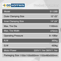 Cambiador de Neumáticos Automático con Inclinación Trasera OD-HOFFWIN S1128B, con Dos Asistentes para la Manipulación de Neumáticos, Motor de 1.1kW, Presión de 8-10 bar, para Taller Automotriz