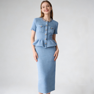 S~P 2026 Nuovo Abito in <span class=keywords><strong>Maglia</strong></span> Elegante <span class=keywords><strong>Blu</strong></span> Nebbia con Diamanti, Modellante in Vita, Collezione Primavera Precoce - Product Image 1