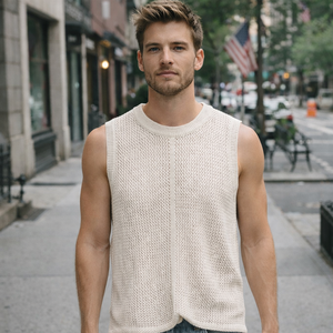 <span class=keywords><strong>Gilet</strong></span> Senza Maniche da <span class=keywords><strong>Uomo</strong></span> Personalizzato, Traspirante, <span class=keywords><strong>Beige</strong></span>, a Maglia Aperta, Collo Tondo, Top Casual Estivo per Stratificazione, 100% Cotone - Product Image 5