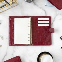 Protège-cahier A5 en similicuir rouge effet croco, rechargeable, avec 6 anneaux, pour agenda budgétaire, format poche personnalisé A6, couverture de journal de voyage avec poches