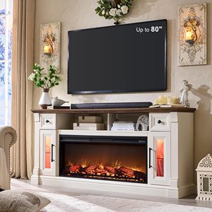 Mueble de TV SENYU de madera blanca con chimenea eléctrica y gabinete de almacenamiento para sala de estar, apto para televisores de 65 pulgadas o más. - Product Image 1