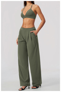 Conjunto de 2 Piezas Verde Oliva para Mujer, Top Deportivo Halter y Pantalones Anchos, Corte Holgado Informal, Transpirable, Tejido de Poliéster, Primavera/Verano - Product Image 5