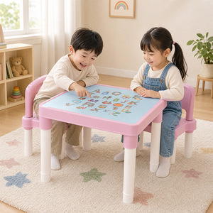 Yimei Children's Study <b>Desk</b> And Chair Set Plastic One Table Two Chairs <b>Pink</b> With Decals For Early Education School Use - Product Image 1