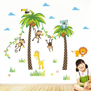 Groene Kokosnoot Boom Behang Cartoon Aap Leeuw Giraffe Stickers Tropische Plant Muurtattoo Voor Kid 'S Slaapkamer - Product Image 3