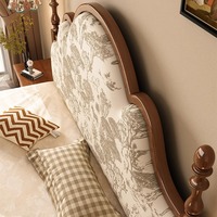 Cama de Plataforma Tapizada con Estampado Europeo Retro Francés, Crema, Estilo Mediados de Siglo, Madera Maciza, Elegante, para Dormitorio Principal, Cama Matrimonial Grande