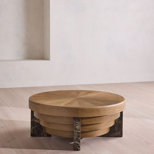 Custom <b>Round</b> Oak <b>Coffee</b> <b>Table</b>, Star‑Burst Wood Veneer Top <b>Marble</b> Leg Layered Design Center <b>Table</b> for Living Room Villa - Product Image 4