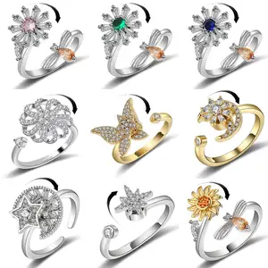 Anillos giratorios de plata para mujer, colección de anillos giratorios para la ansiedad, con forma de flor, Estrella y mariposa, SC, venta al por mayor