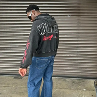 Kualitas tinggi Streetwear hitam tebal penuh Zip up asam katun murni dicuci Vintage tebal layar cetakan kebesaran cuci pria Hoodie