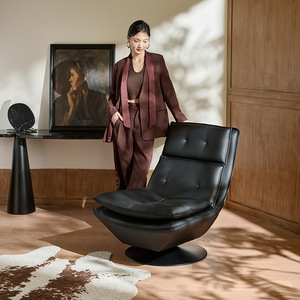 Fauteuil pivotant inclinable en cuir véritable minimaliste italien pour salon, chaise longue design - Product Image 2
