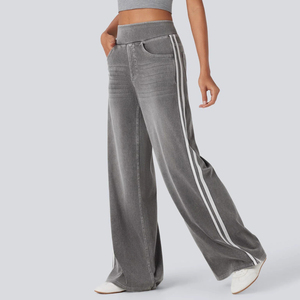 Jean évasé vintage <span class=keywords><strong>bleu</strong></span> délavé pour femme, coupe <span class=keywords><strong>ample</strong></span>, taille élastique, en tissu Oxford anti-plis, idéal pour l'été - Product Image 4