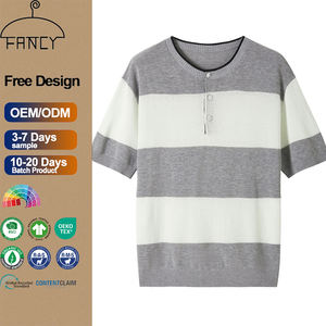 OEM 260g Lourd Rétro <span class=keywords><strong>Henry</strong></span> Col Acrylique Lyocell Lin Rayé Contraste Manches Courtes Loose Casual Jersey Hommes T-Shirt D'été - Product Image 1