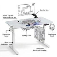 Bureau de jeu en verre à hauteur réglable avec double moteur pour café, salle d'e-sport, avec support d'écran, support de châssis, impression artistique personnalisée