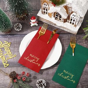 Serviette de <span class=keywords><strong>table</strong></span> jetable en <span class=keywords><strong>papier</strong></span> Airlaid rouge vert <span class=keywords><strong>pré</strong></span>-pliée avec poche Joyeux Noël - Product Image 2
