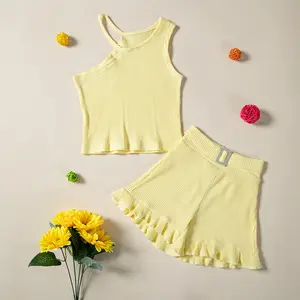 Kız yaz giysileri setleri moda çocuk çukur şerit Sling eğimli omuz üst giysi çocuk küçük kız şort iki parçalı setleri