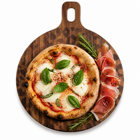 Piring Pizza Kayu Akasia Bulat Permukaan Datar Motif Leopard Spot Gagang Pendek dengan Lubang Gantung Oval untuk Penyajian di Meja