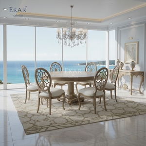 Mesa de Comedor Redonda Colonial EKAR con Incrustaciones de Madera de Burl y Pedestal Acanalado - Product Image 2