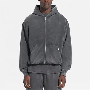 China vestuário fabricante personalizado vintage velo homens ácido lavagem zip up hoodie