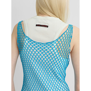 Abito Mini a Rete Blu a Strati Senza Maniche con Scollo a Barchetta e Spalline Sottili, con Fodera in <span class=keywords><strong>Cotone</strong></span> a Costine Bianco - Product Image 4