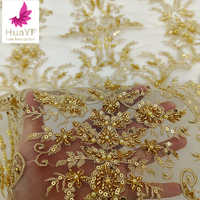 HY1952 Dentelle Classique Broderie Or 3D Perlée avec Perles Tissu Africain de Mariage Français en Promotion